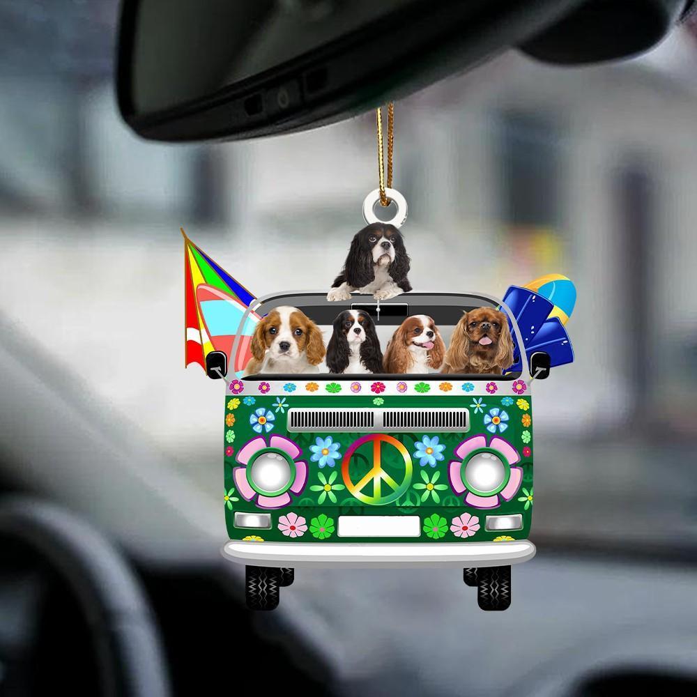 Cavalier King Charles-Green Hippie Van-Two Sided Ornament