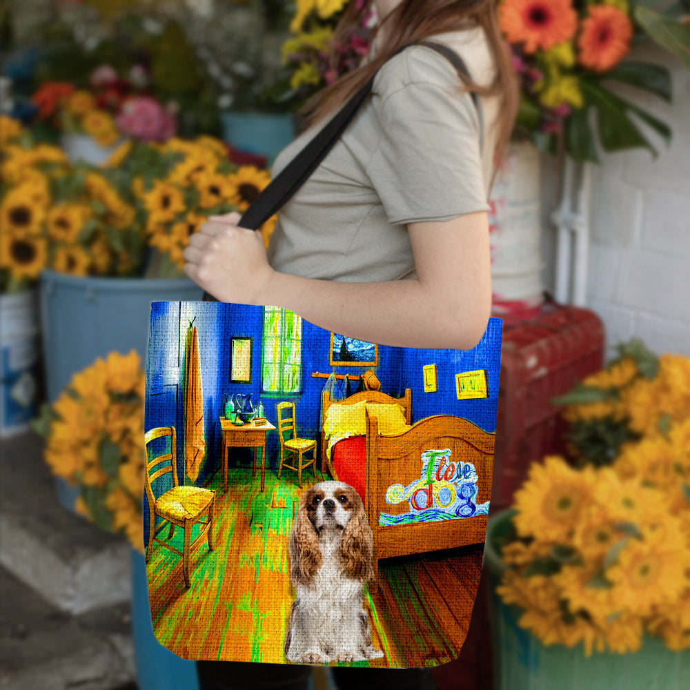 Cavalier King Charles Spaniel in the bedroom-Cloth Tote Bag