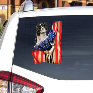 Cavalier King Charles Spaniel-American Flag Front Car Sticker