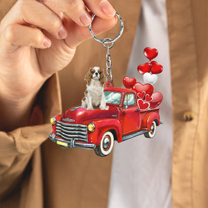 Cavalier King Charles Spaniel-Red Sports Car flat Acrylic Keychain