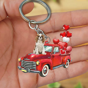 Cavalier King Charles Spaniel-Red Sports Car flat Acrylic Keychain