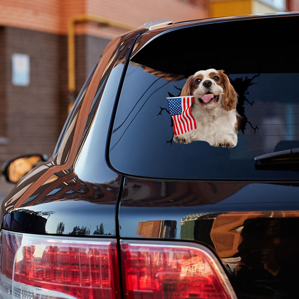 Cavalier King Charles Spaniel And American Flag Independent Day Car Sticker Decal