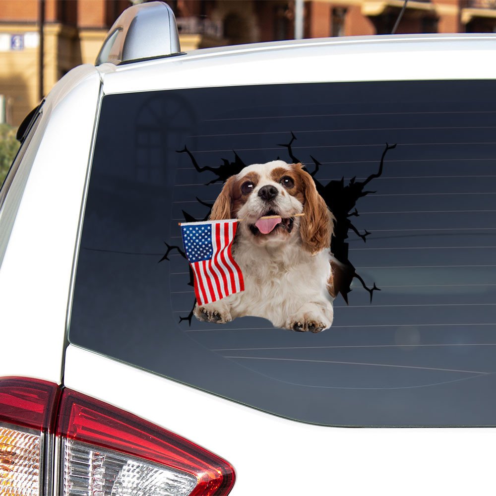 Cavalier King Charles Spaniel And American Flag Independent Day Car Sticker Decal