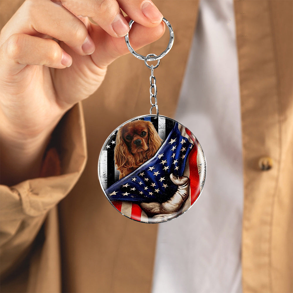 Cavalier King Charles Spaniel (1)-Inside American Flag Independence Day Round Resin Epoxy Metal Keychain