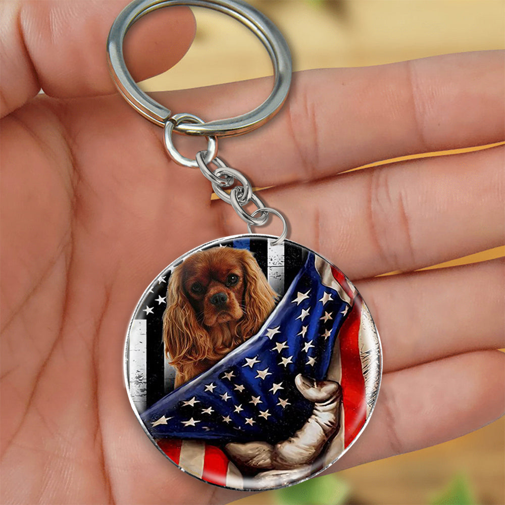 Cavalier King Charles Spaniel (1)-Inside American Flag Independence Day Round Resin Epoxy Metal Keychain