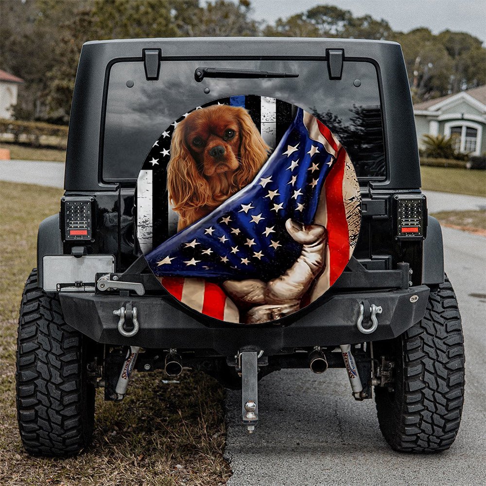 Cavalier King Charles Spaniel Inside American Flag Independence Day Spare Tire Cover