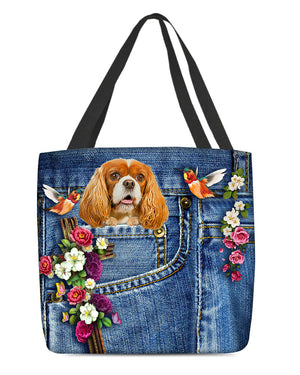 Cavalier King Spaniel-Cardinal & Cross Flower Cloth Tote Bag