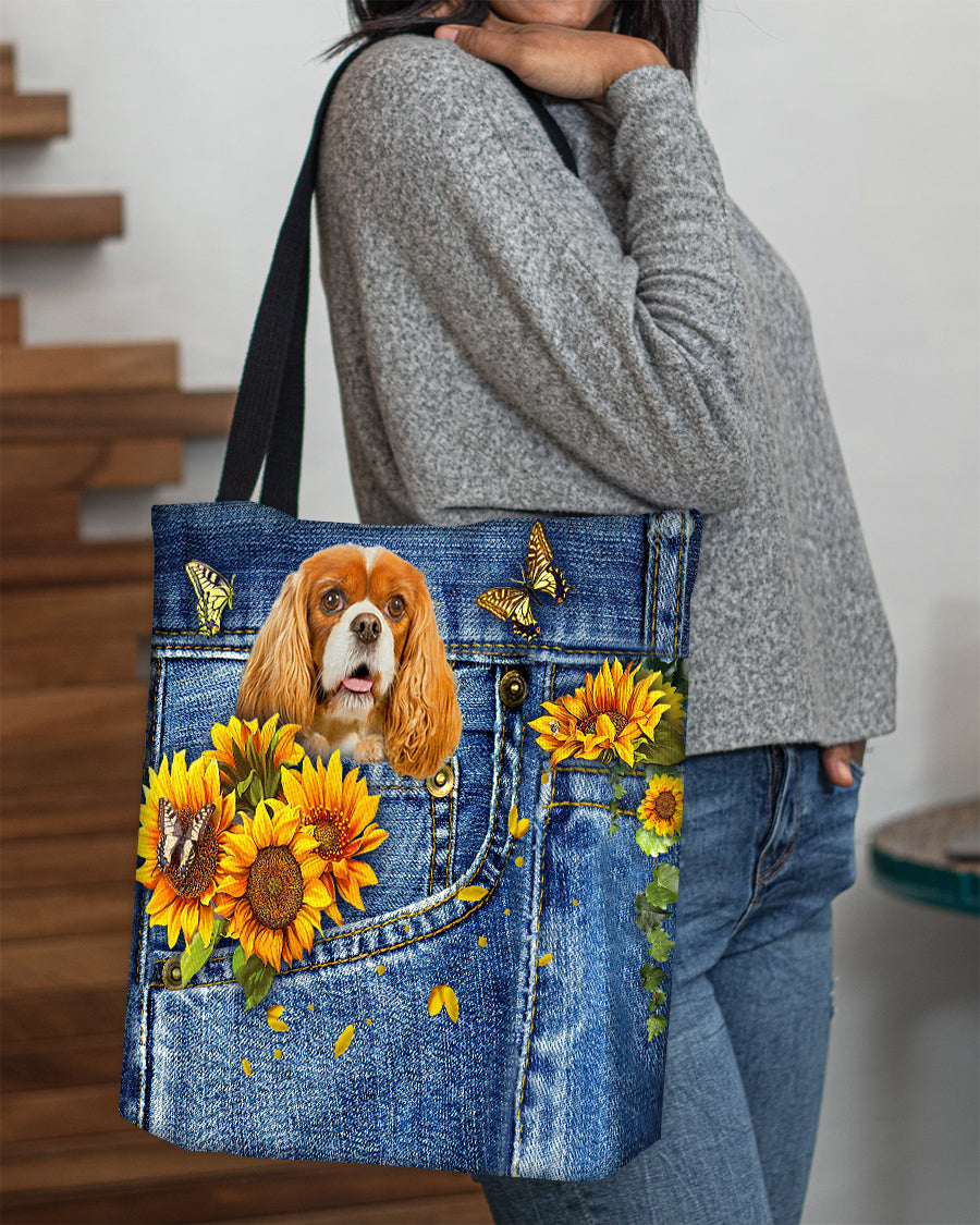 Cavalier King Spaniel-Sunflowers & Butterflies Cloth Tote Bag