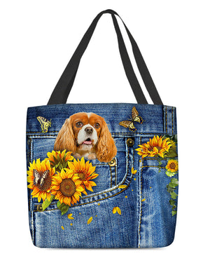 Cavalier King Spaniel-Sunflowers & Butterflies Cloth Tote Bag