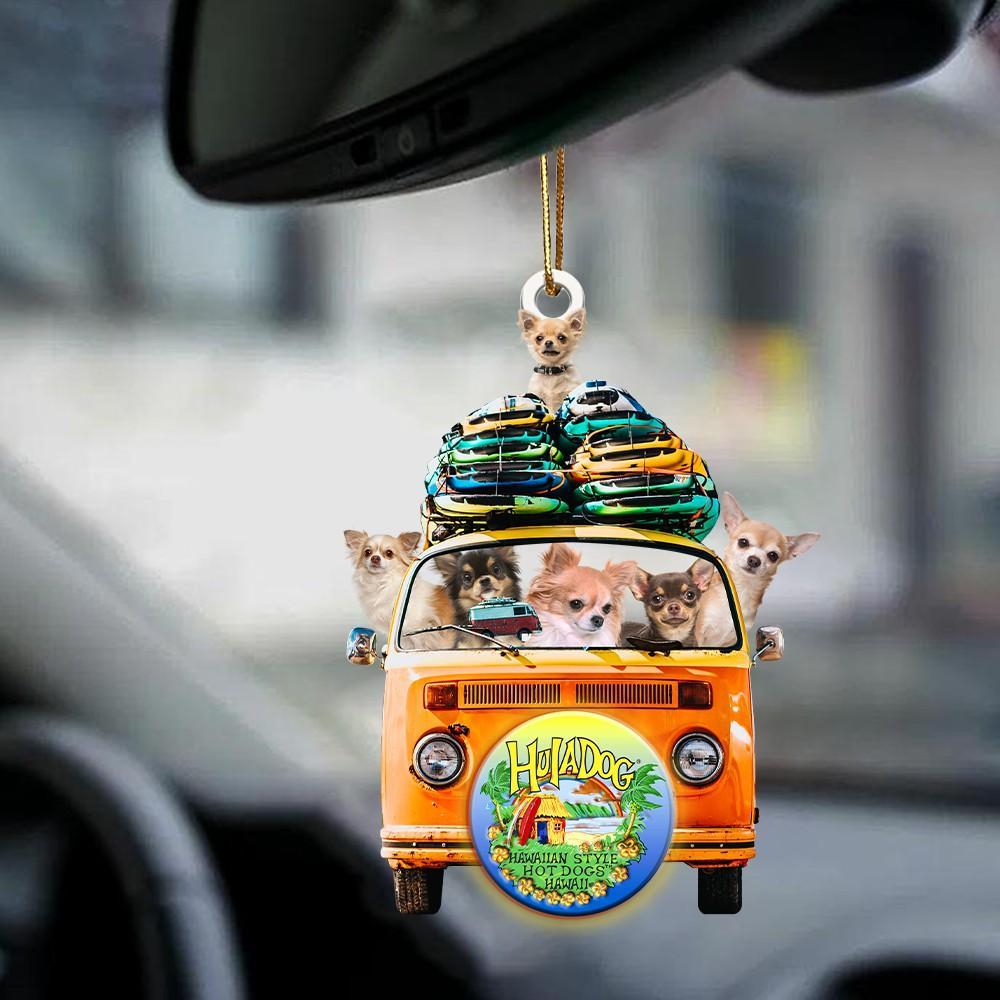 Chihuahua-Orange Hippie Van-Two Sided Ornament