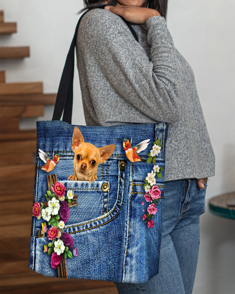 Chihuahua-Cardinal & Cross Flower Cloth Tote Bag