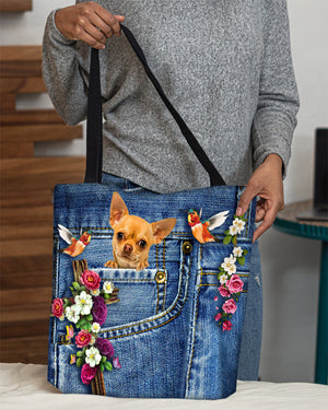 Chihuahua-Cardinal & Cross Flower Cloth Tote Bag