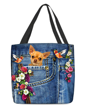 Chihuahua-Cardinal & Cross Flower Cloth Tote Bag