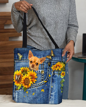 Chihuahua-Sunflowers & Butterflies Cloth Tote Bag