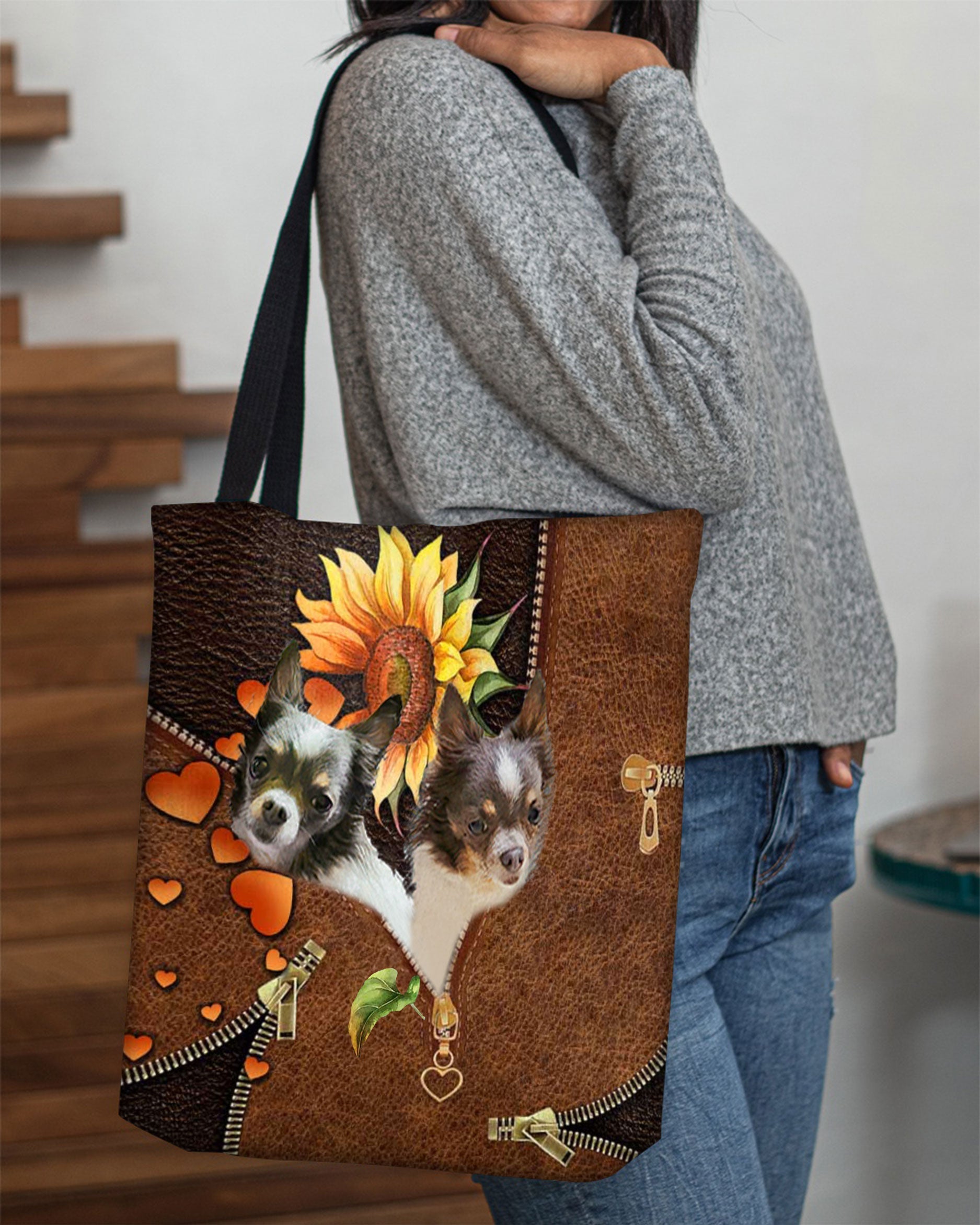 Chihuahua 2-Sunflower&zipper Cloth Tote Bag