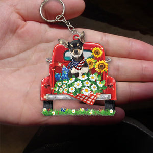 Chihuahua-Red Truck Flat Acrylic Keychain