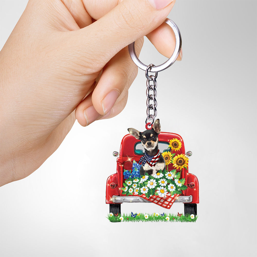 Chihuahua-Red Truck Flat Acrylic Keychain