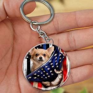 Chihuahua 3-Inside American Flag Independence Day Round Resin Epoxy Metal Keychain