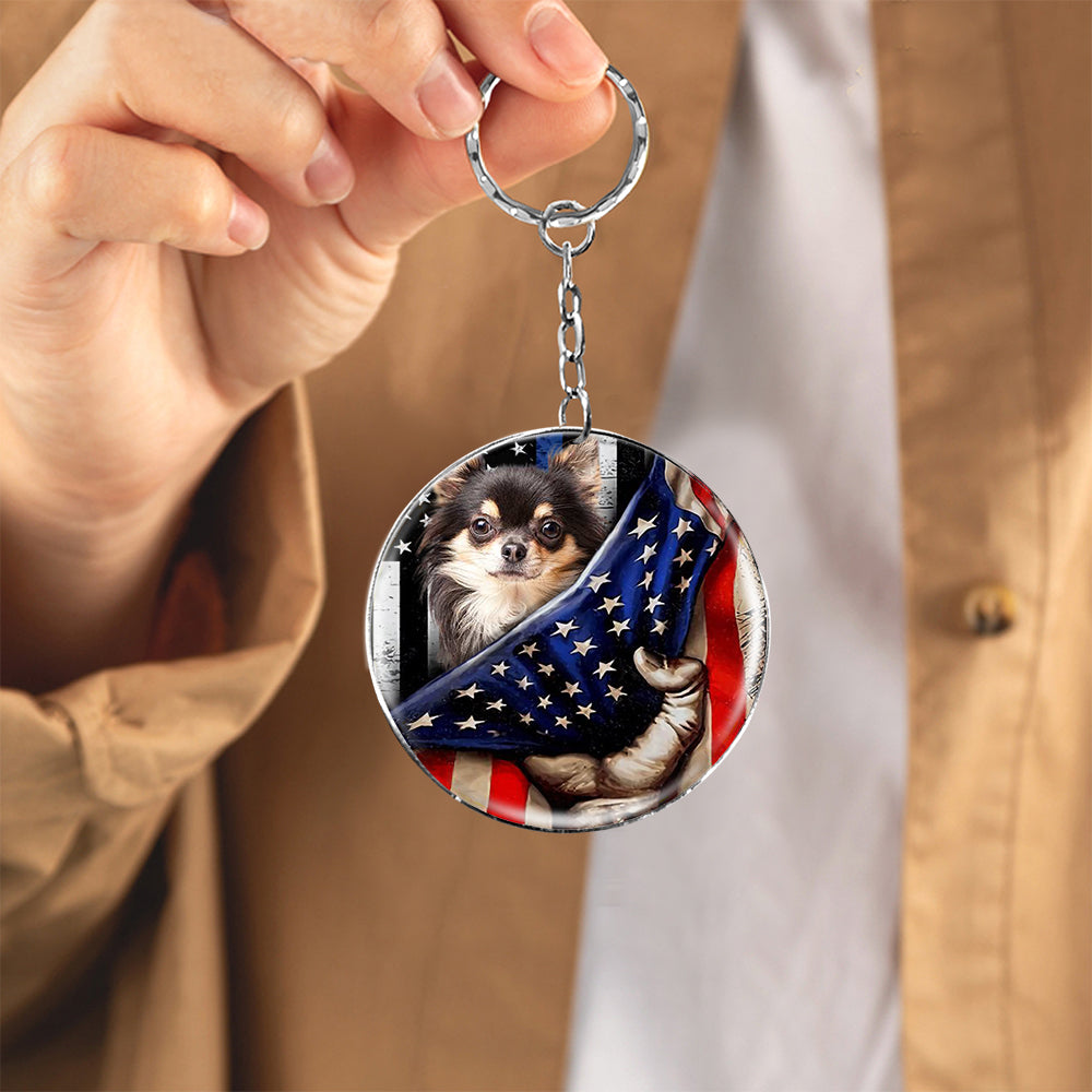 Chihuahua (2)-Inside American Flag Independence Day Round Resin Epoxy Metal Keychain