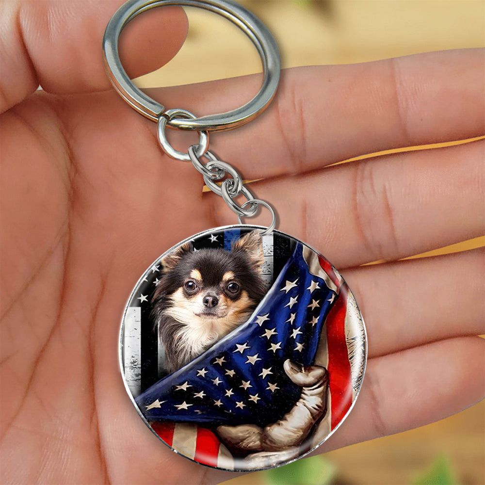 Chihuahua (2)-Inside American Flag Independence Day Round Resin Epoxy Metal Keychain
