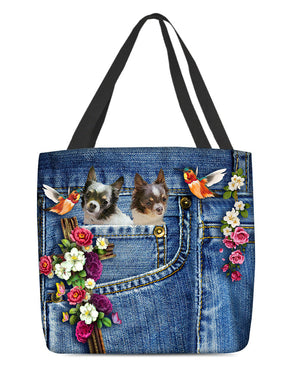 Chihuahua 2-Cardinal & Cross Flower Cloth Tote Bag