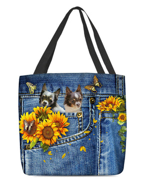 Chihuahua 2-Sunflowers & Butterflies Cloth Tote Bag