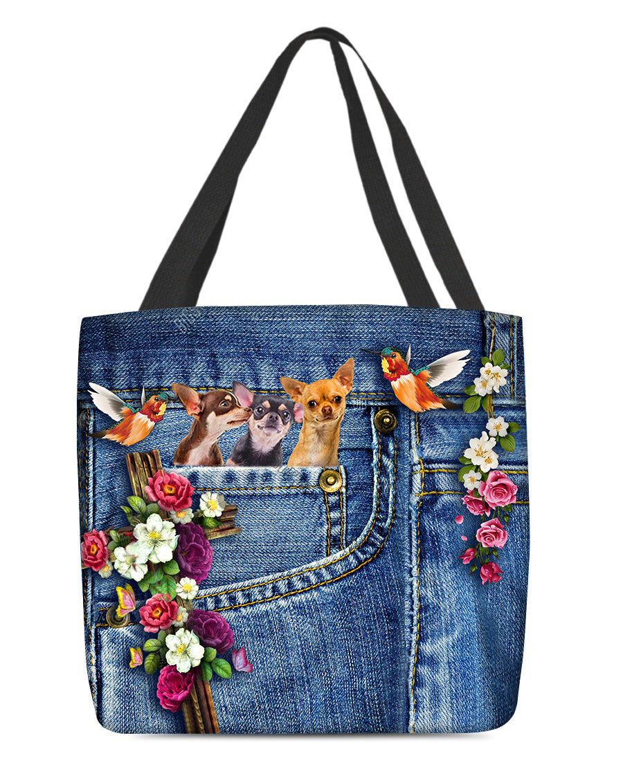 Chihuahua 3-Cardinal & Cross Flower Cloth Tote Bag