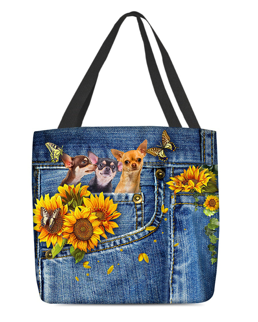 Chihuahua 3-Sunflowers & Butterflies Cloth Tote Bag
