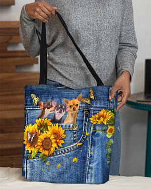 Chihuahua 3-Sunflowers & Butterflies Cloth Tote Bag