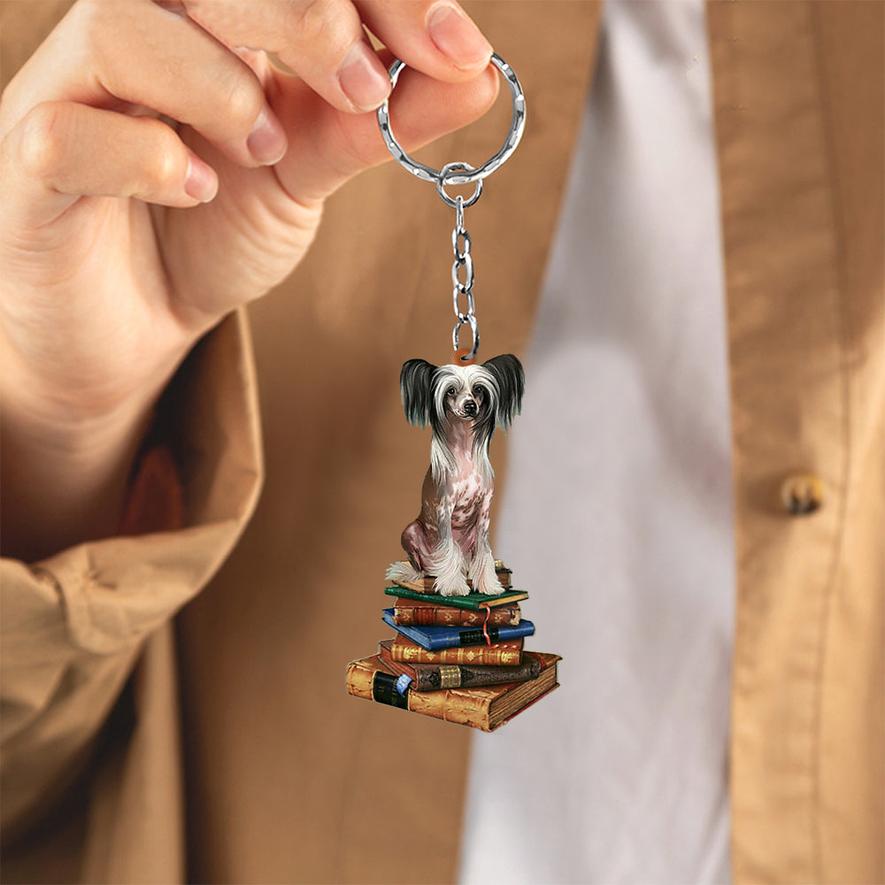 Chinese Crested-Sit On The Book-Flat Acrylic Keychain