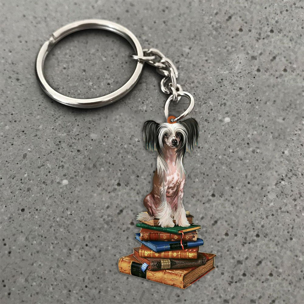 Chinese Crested-Sit On The Book-Flat Acrylic Keychain