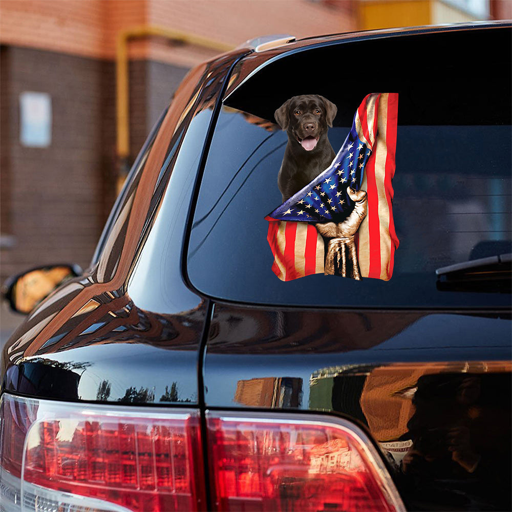 Chocolate Labrador-American Flag Front Car Sticker