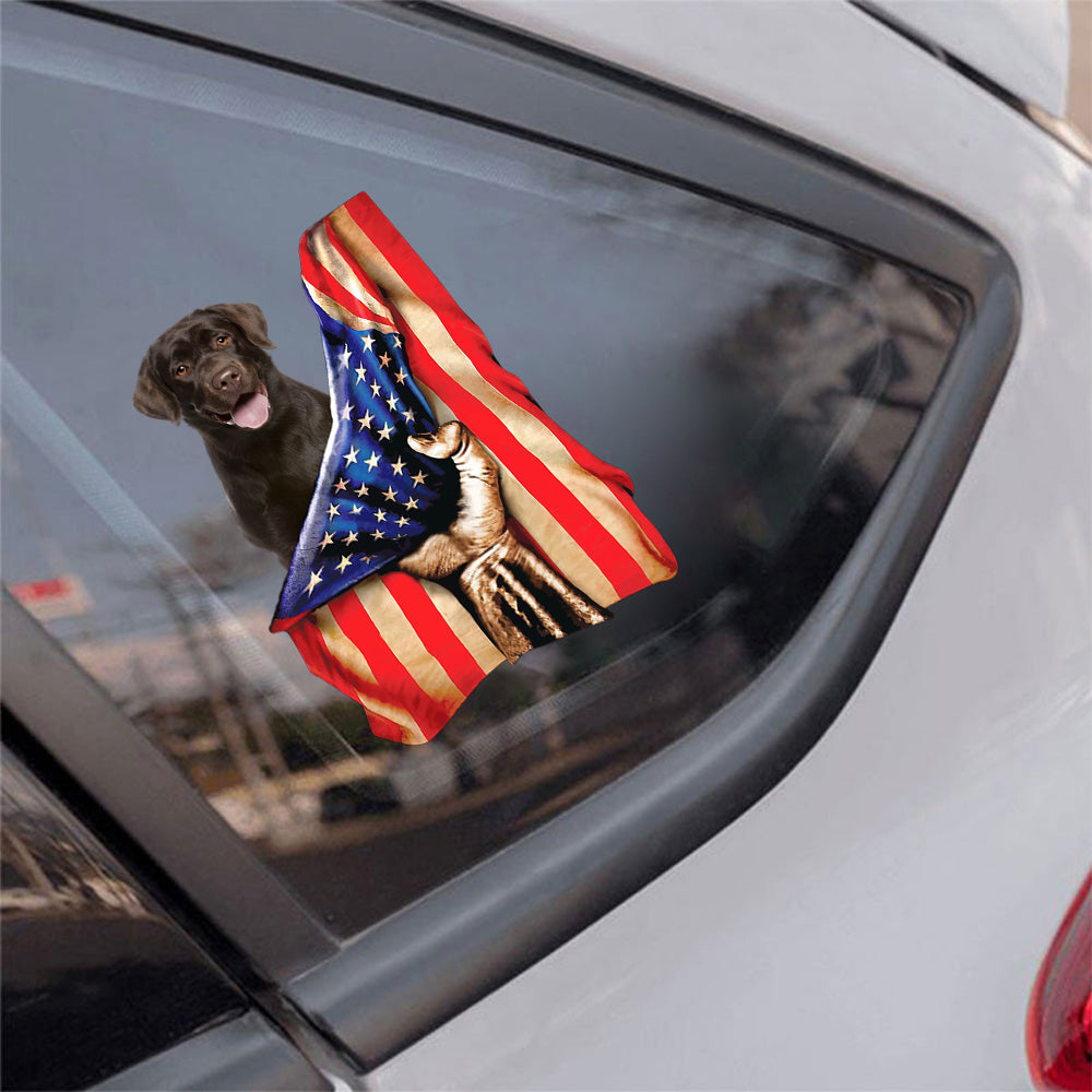 Chocolate Labrador-American Flag Front Car Sticker