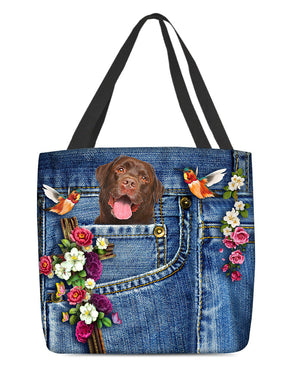 Chocolate Labrador-Cardinal & Cross Flower Cloth Tote Bag