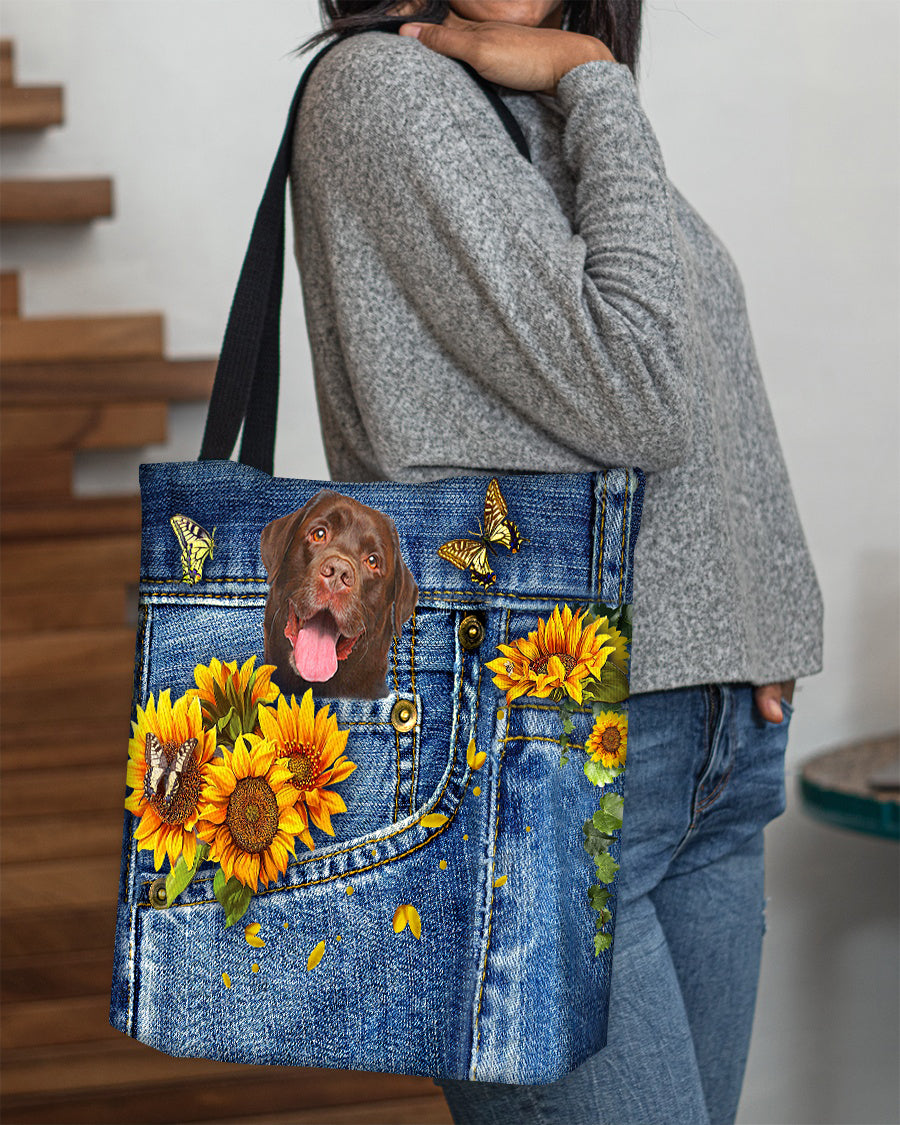 Chocolate Labrador-Sunflowers & Butterflies Cloth Tote Bag