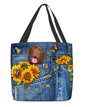 Chocolate Labrador-Sunflowers & Butterflies Cloth Tote Bag