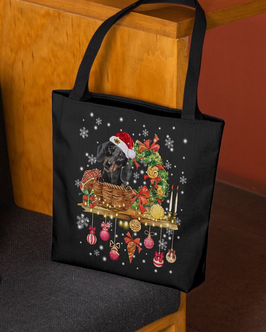 Christmas Basket-BLACK Dachshund-Cloth Tote Bag