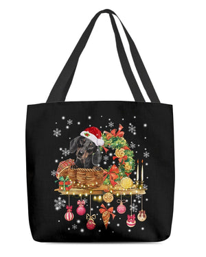 Christmas Basket-BLACK Dachshund-Cloth Tote Bag