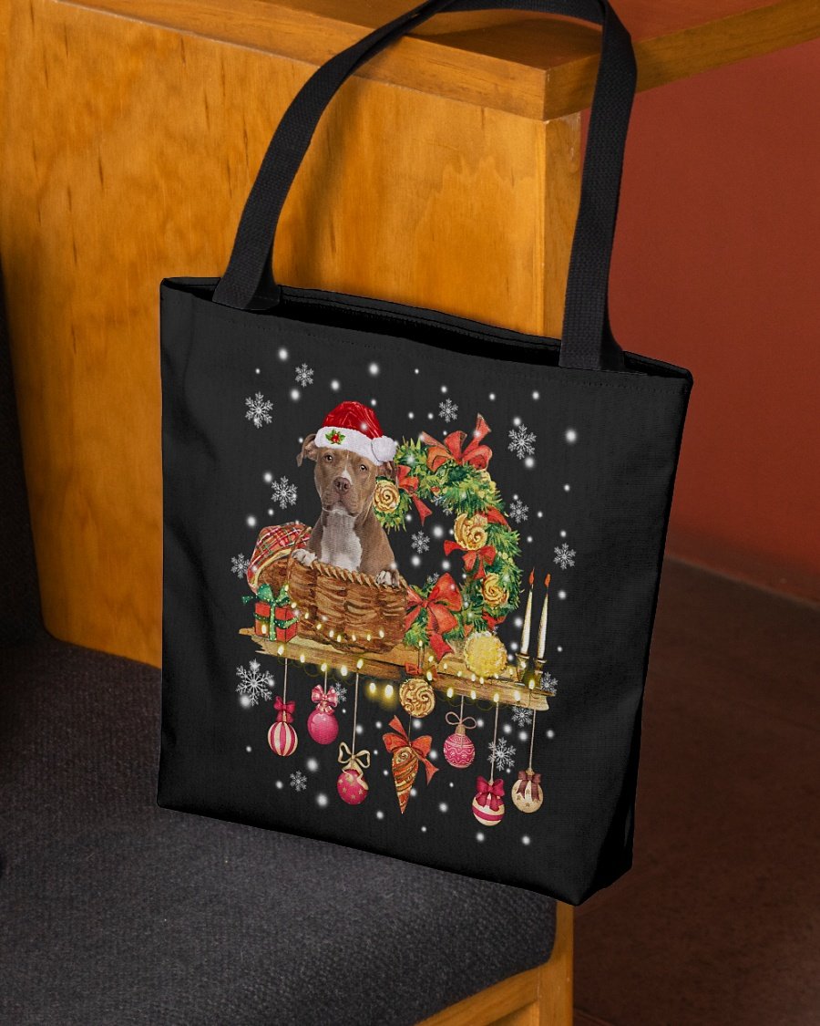 Christmas Basket-BROWN American Staffordshire Terrier-Cloth Tote Bag
