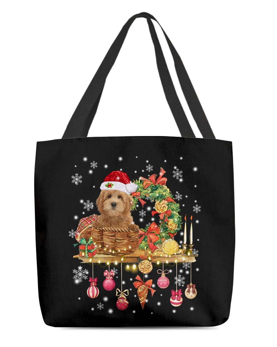 Christmas Basket-RED Goldendoodle-Cloth Tote Bag