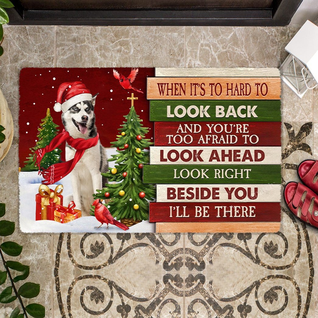 Christmas Siberian Husky 2 Look right beside you Doormat