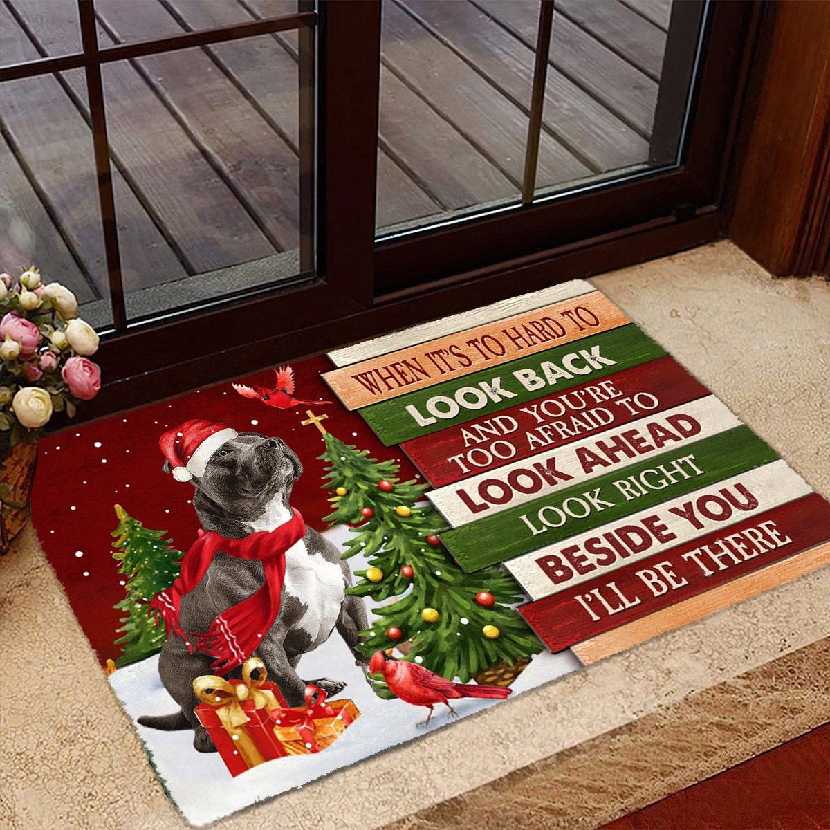 Christmas Staffordshire Bull Terrier Look right beside you Doormat