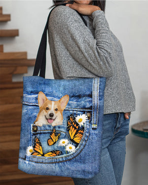 Corgi-Butterfly Daisies Fait-CLOTH TOTE BAG