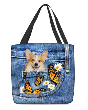 Corgi-Butterfly Daisies Fait-CLOTH TOTE BAG