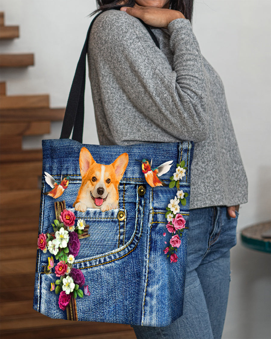 Corgi-Cardinal & Cross Flower Cloth Tote Bag