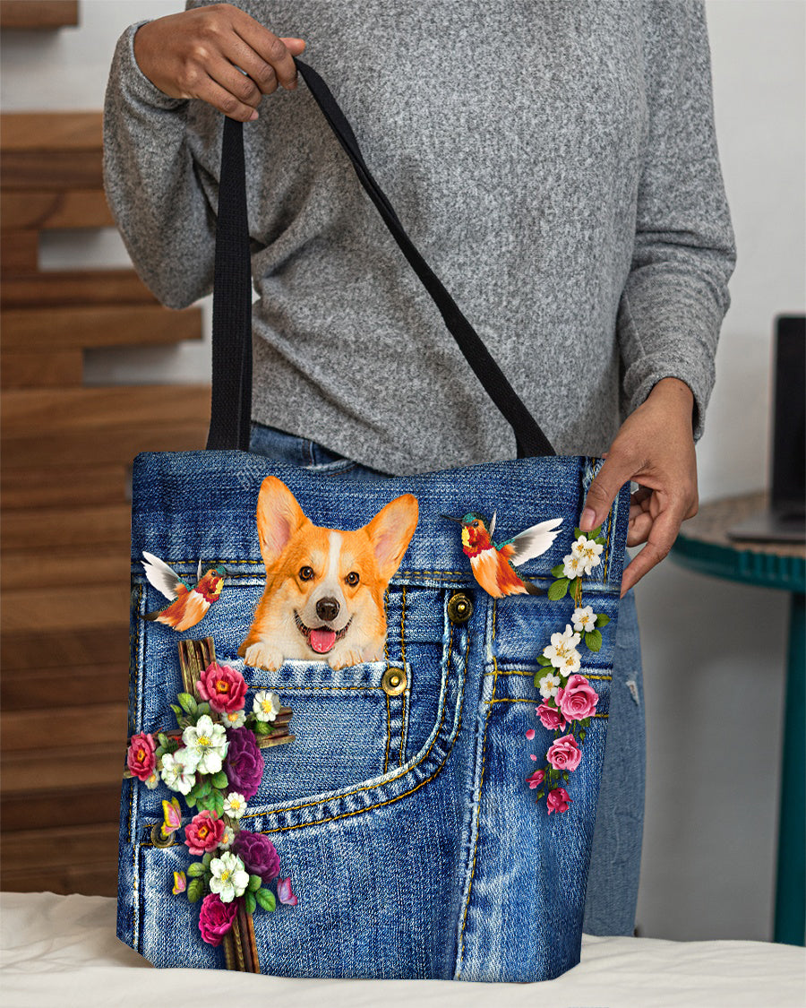 Corgi-Cardinal & Cross Flower Cloth Tote Bag