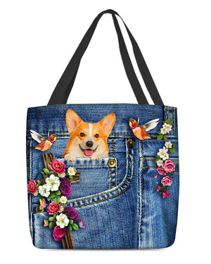 Corgi-Cardinal & Cross Flower Cloth Tote Bag