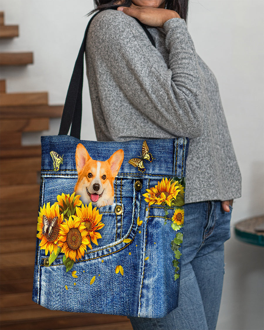 Corgi-Sunflowers & Butterflies Cloth Tote Bag