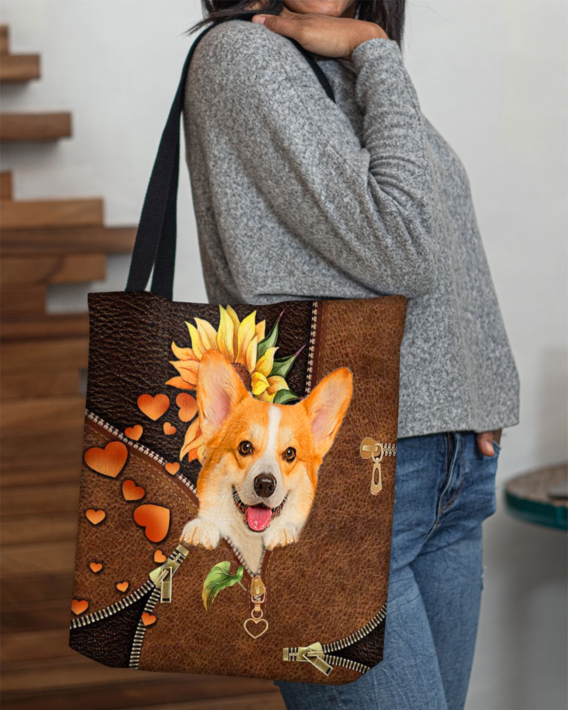 Corgi-Sunflower&zipper Cloth Tote Bag