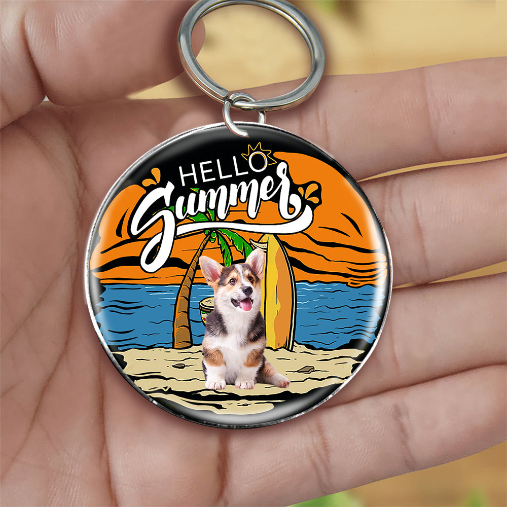 Corgi 2 Hello Summer-Round Resin Epoxy Metal Keychain